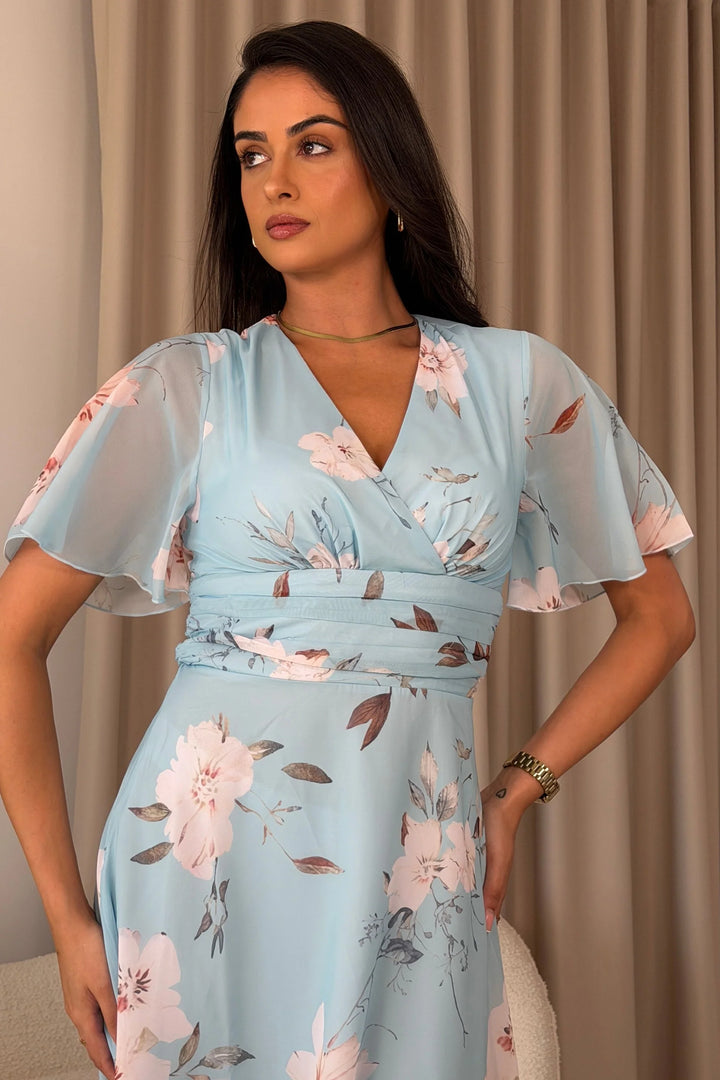 Pari Sky Blue Floral Wrap Neck Pleated Waist Maxi Dress