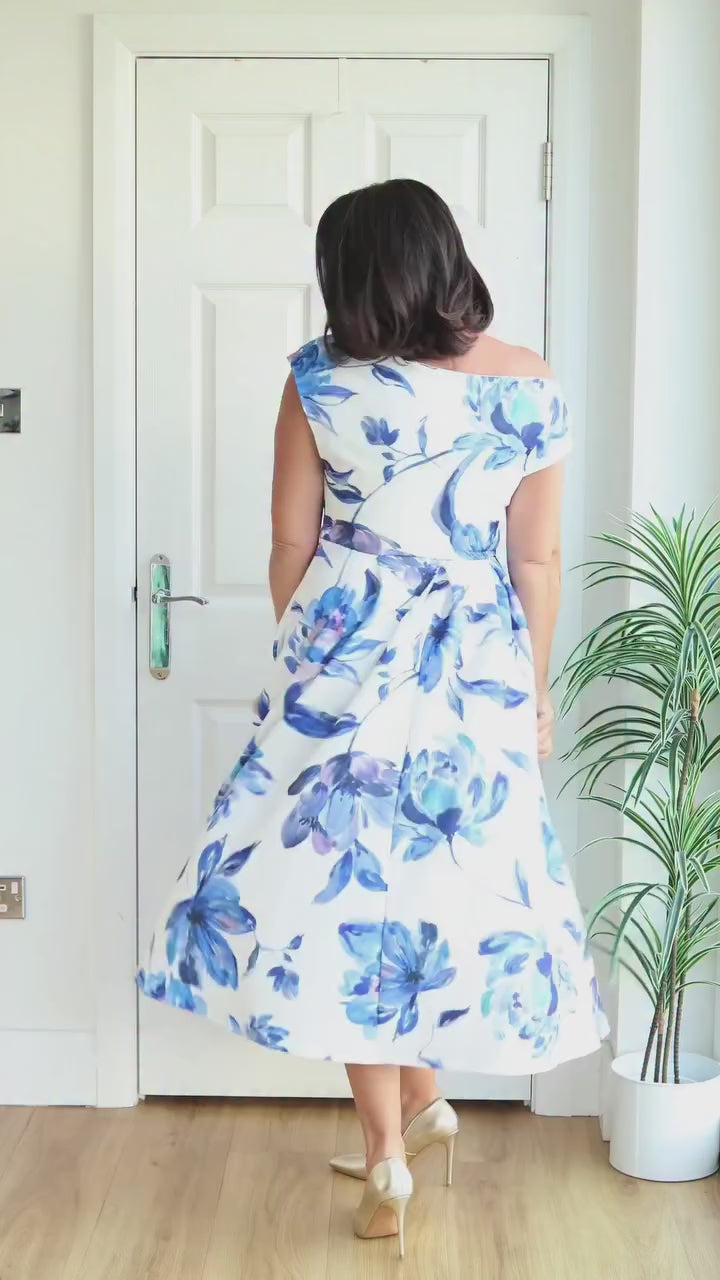 Betty Blue Floral Asymmetric Neckline Skater Maxi Dress With Pockets