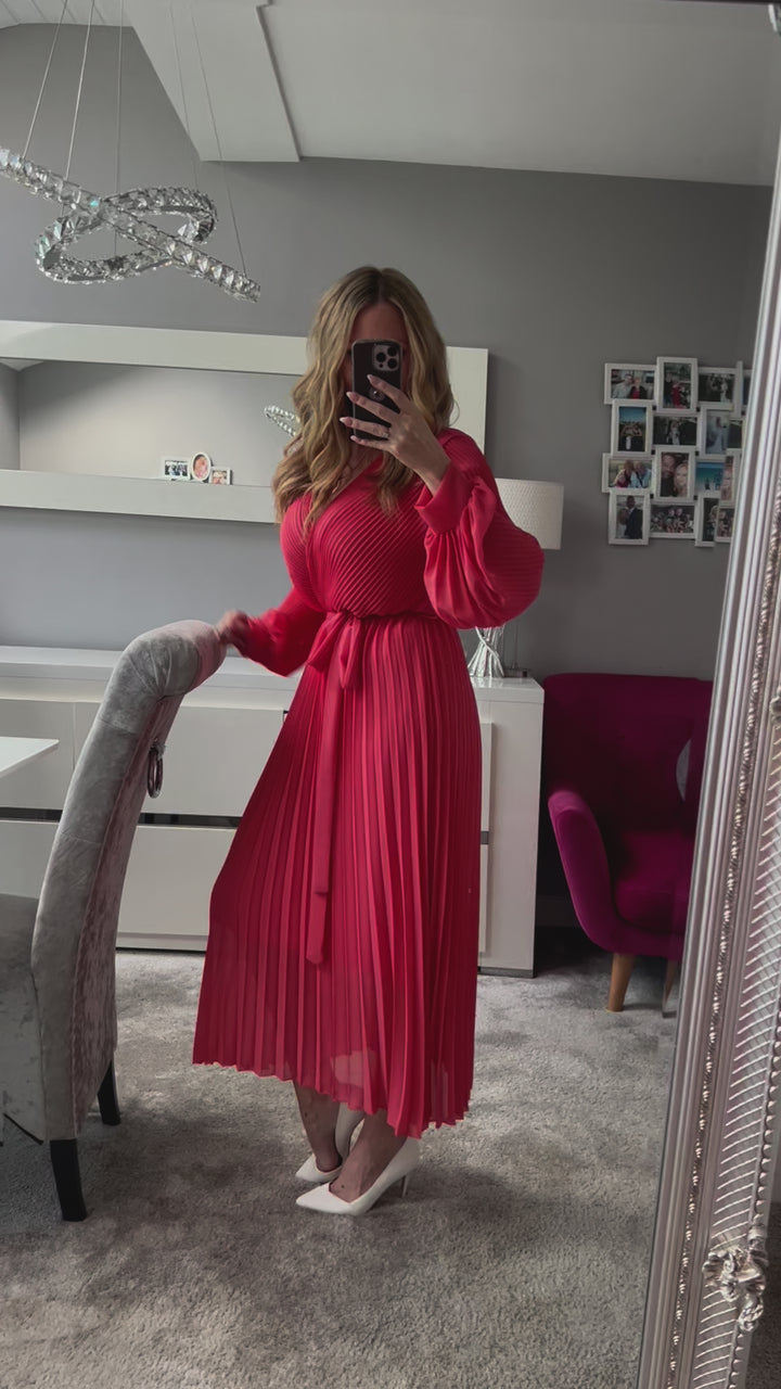 Lucile Coral Chiffon Plisse Pleated Belted Long Sleeve Maxi Dress