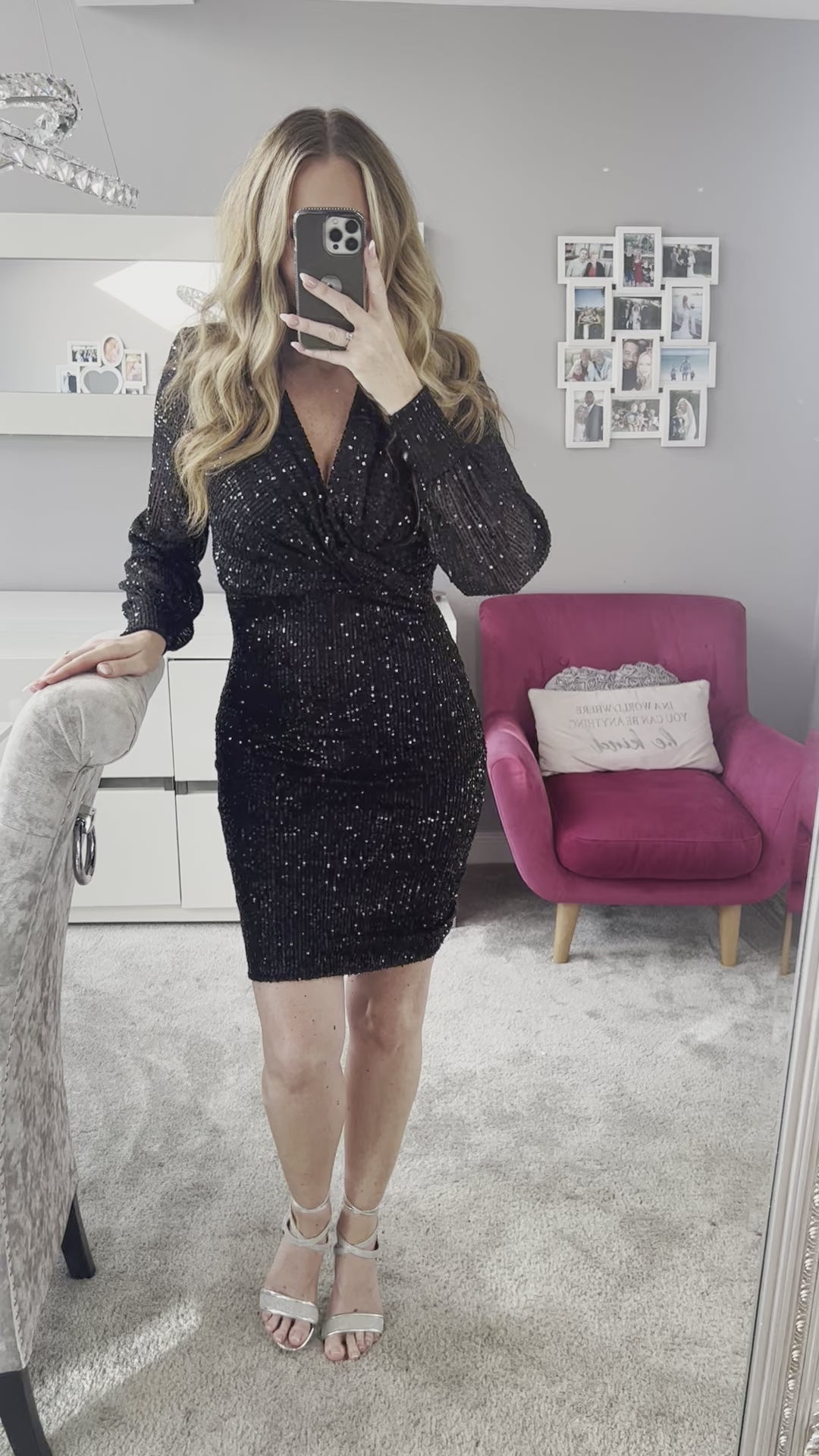 Nia Black Sequin Long Sleeve Twist Knot Bodycon Mini Dress
