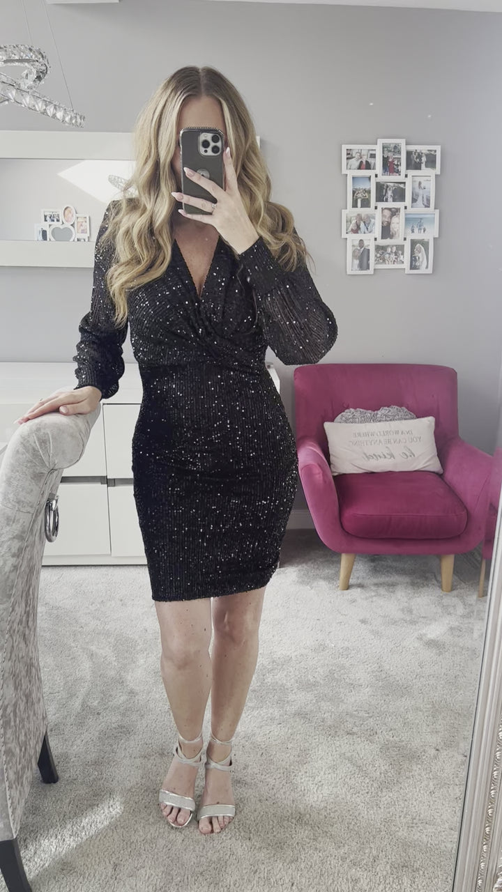 Nia Black Sequin Long Sleeve Twist Knot Bodycon Mini Dress