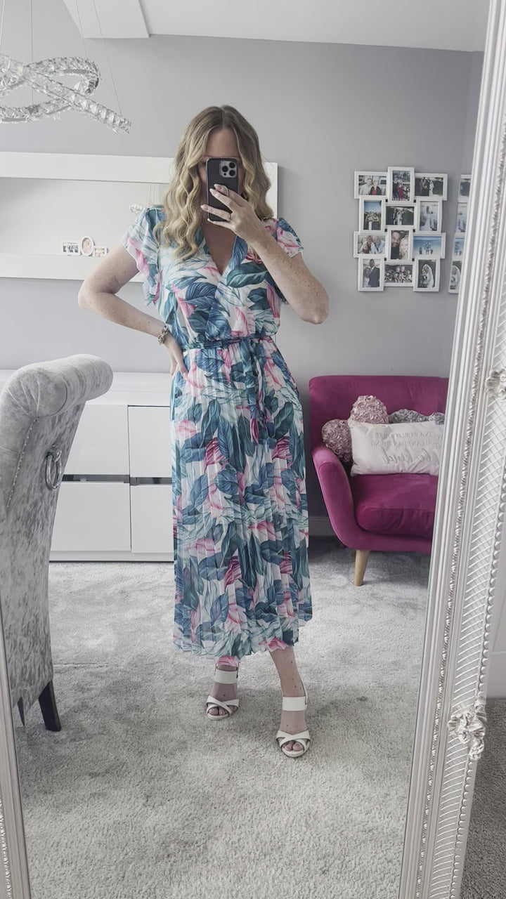 Amalfi Coast Turquoise Teal Floral Chiffon Short Sleeve Pleated Belted Maxi Dress