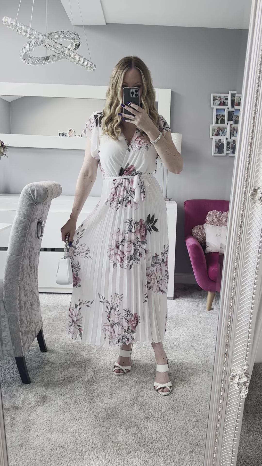 Amalfi Coast White Floral Chiffon Short Sleeve Pleated Belted Maxi Dress
