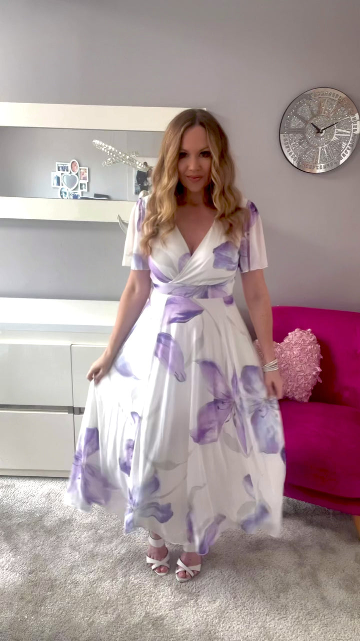 Isobel White & Lilac Floral Angel Sleeve Belted Mesh Maxi Dress - REGULAR LENGTH (3 LENGTHS)