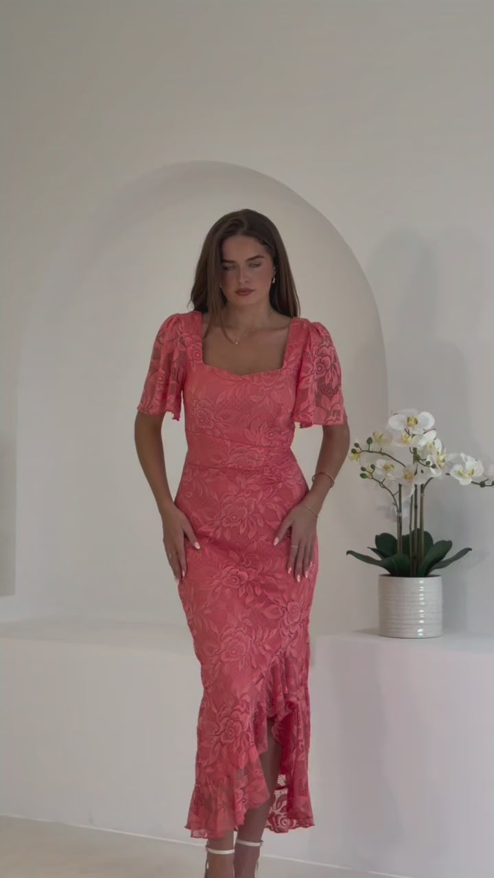 Heidi Coral Lace Ruched Short Sleeve Bodycon Midi Dress