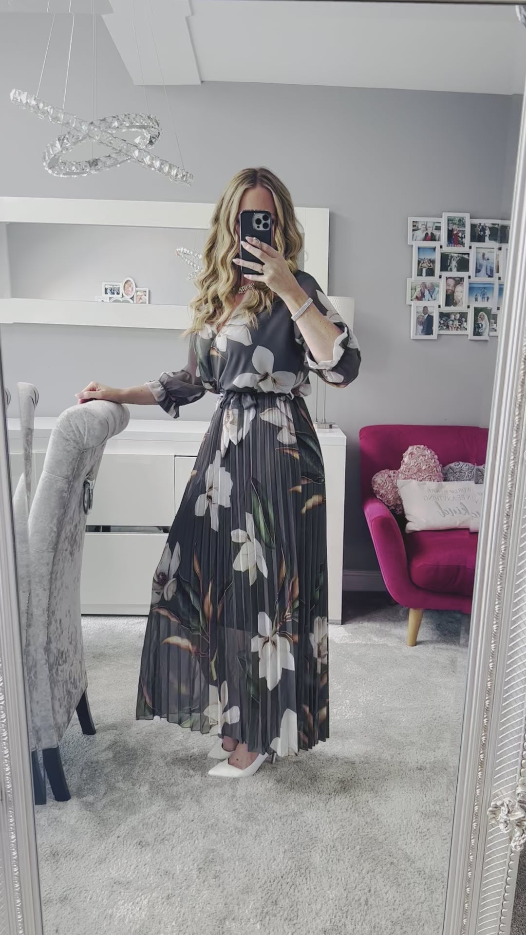 Elle Khaki Floral Chiffon Pleated Belted 3/4 Length Sleeve Maxi Dress - 2 LENGTHS