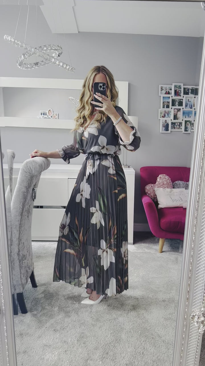 Elle Khaki Floral Chiffon Pleated Belted 3/4 Length Sleeve Maxi Dress - 2 LENGTHS