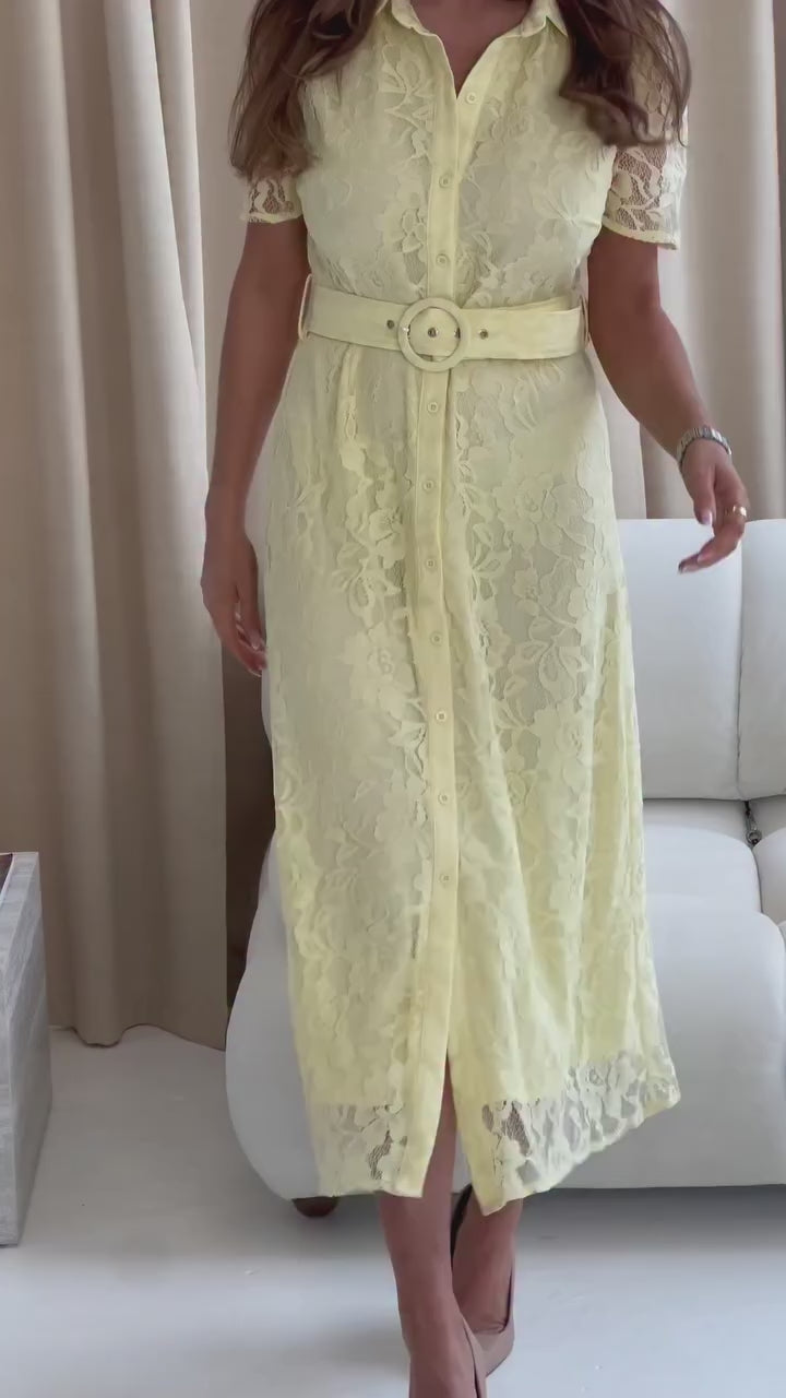 Tansy Yellow Lace Short Sleeve Belted Midi Shirt Dress