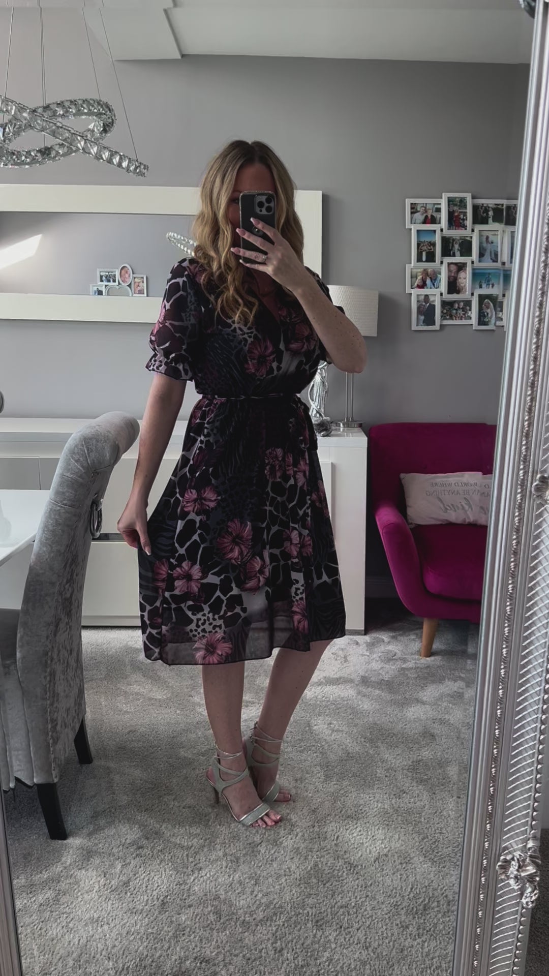 Tahiti Black & Pink Animal Print Floral Chiffon Belted Short Sleeve Midi Dress