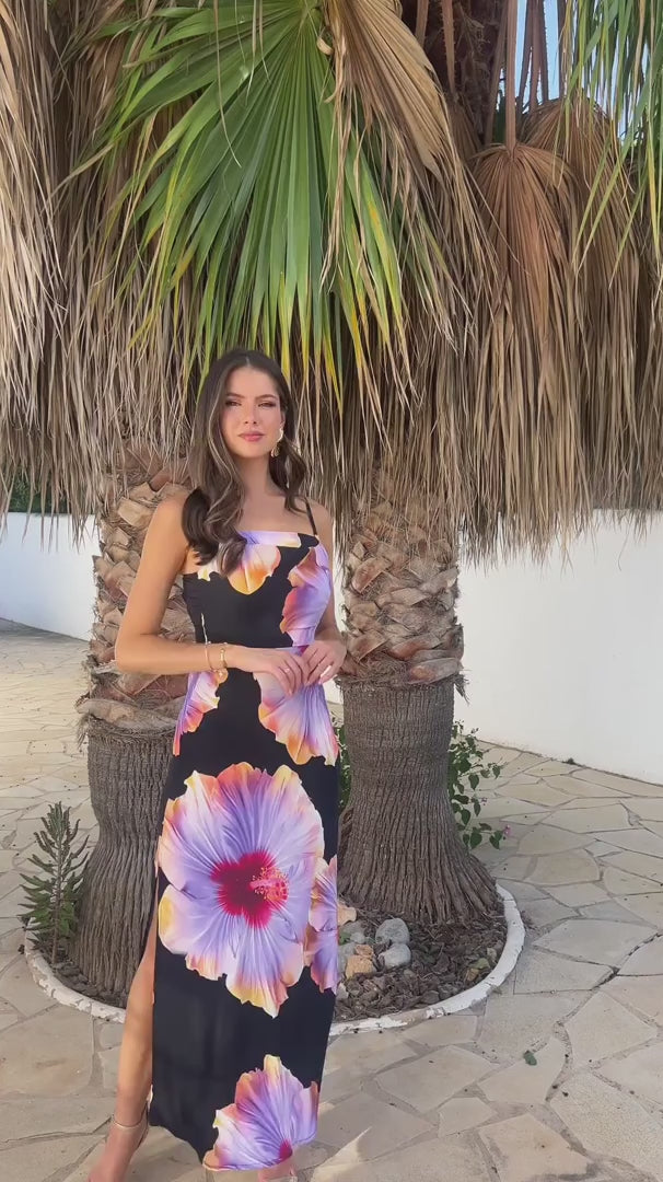Sierah Black & Lilac Floral Print Strappy Bodycon Slip Maxi Dress