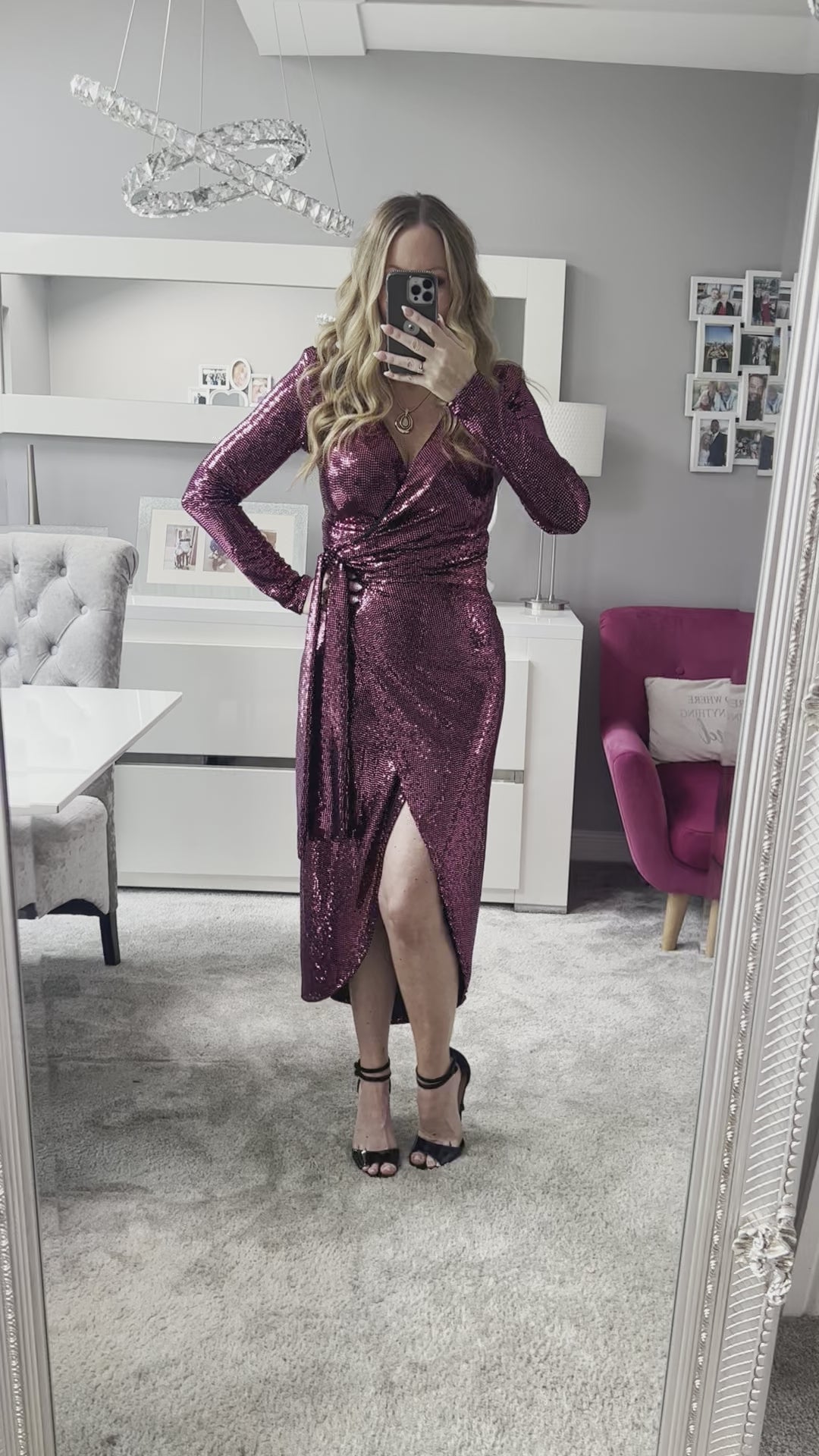 All That Glitters Burgundy Pink Sequin Long Sleeve Wrap Midi Dress
