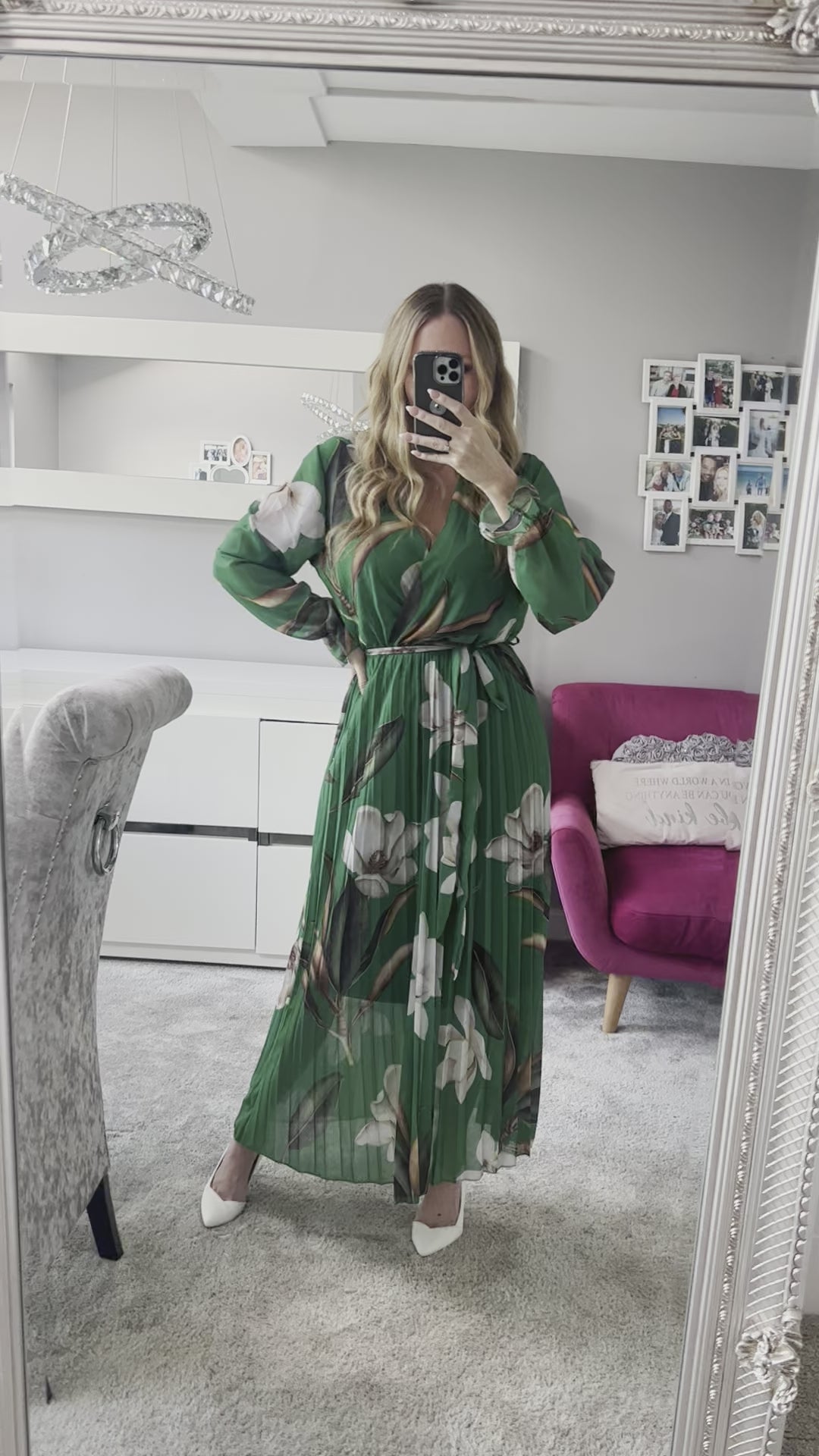 Elle Deep Green Floral Chiffon Pleated Long Sleeve Maxi Dress