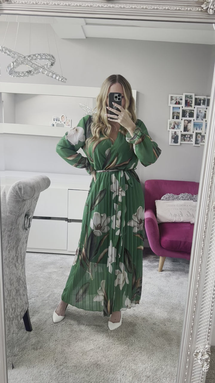 Elle Deep Green Floral Chiffon Pleated Long Sleeve Maxi Dress