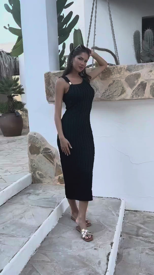 Britney Black Textured Asymmetric Neckline Bodycon Midi Dress