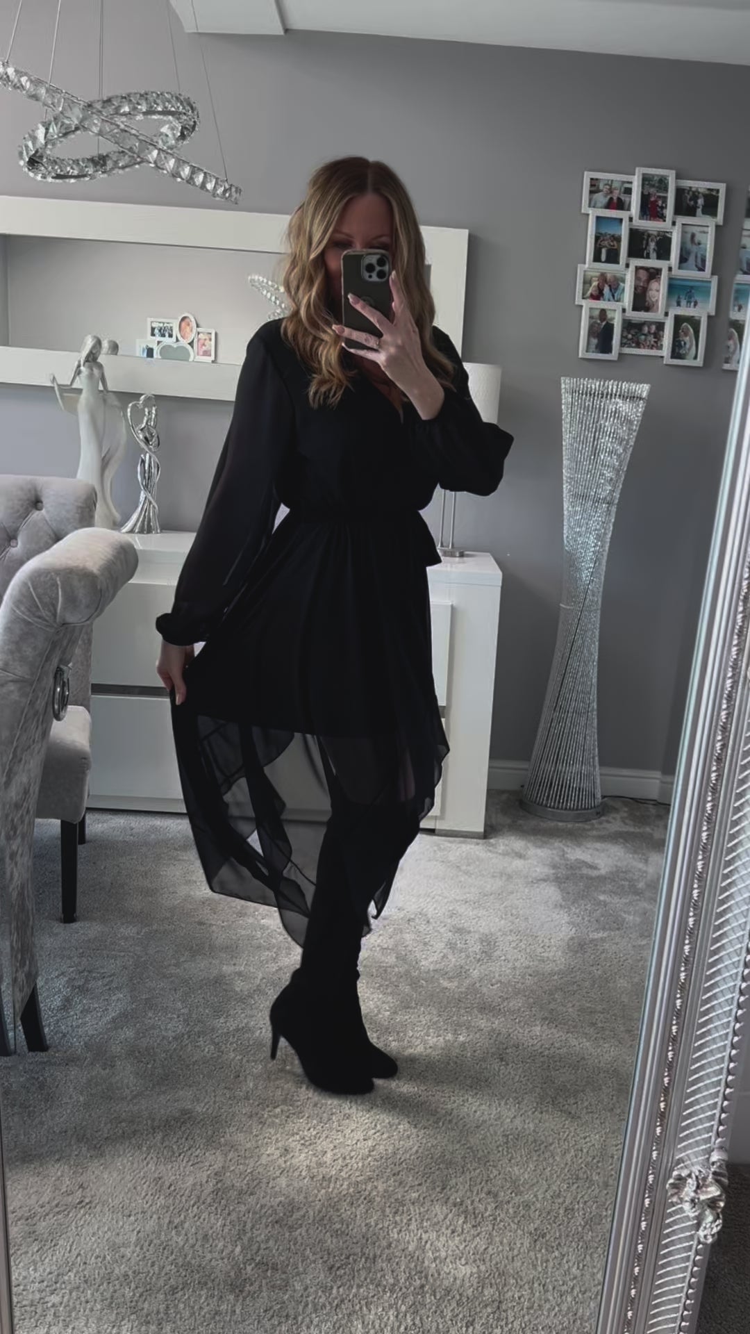 Dream Girl Black Waterfall Hem Chiffon Midi Dress