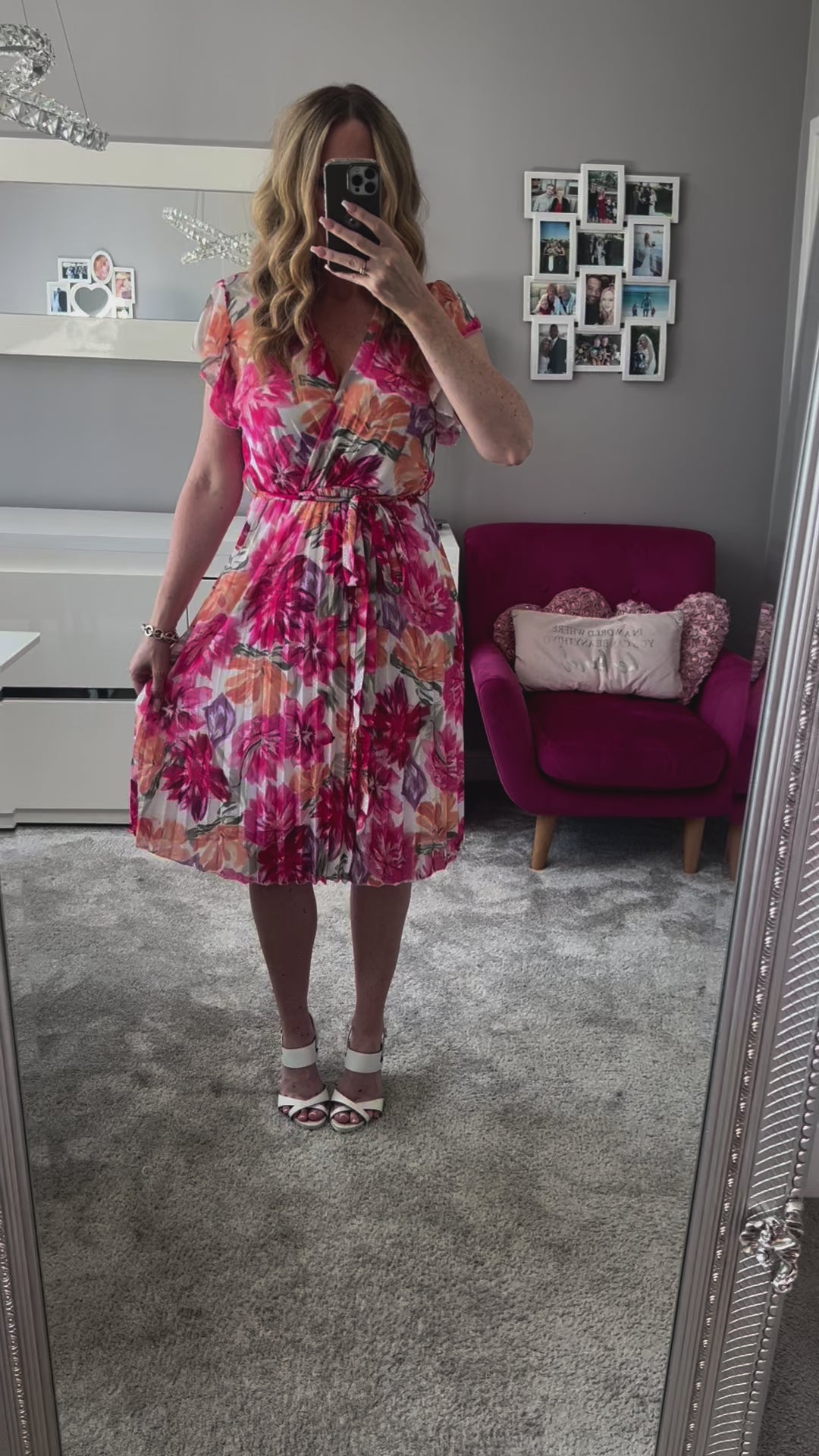 Joanie Pink Floral Short Sleeve Chiffon Pleated Midi Dress