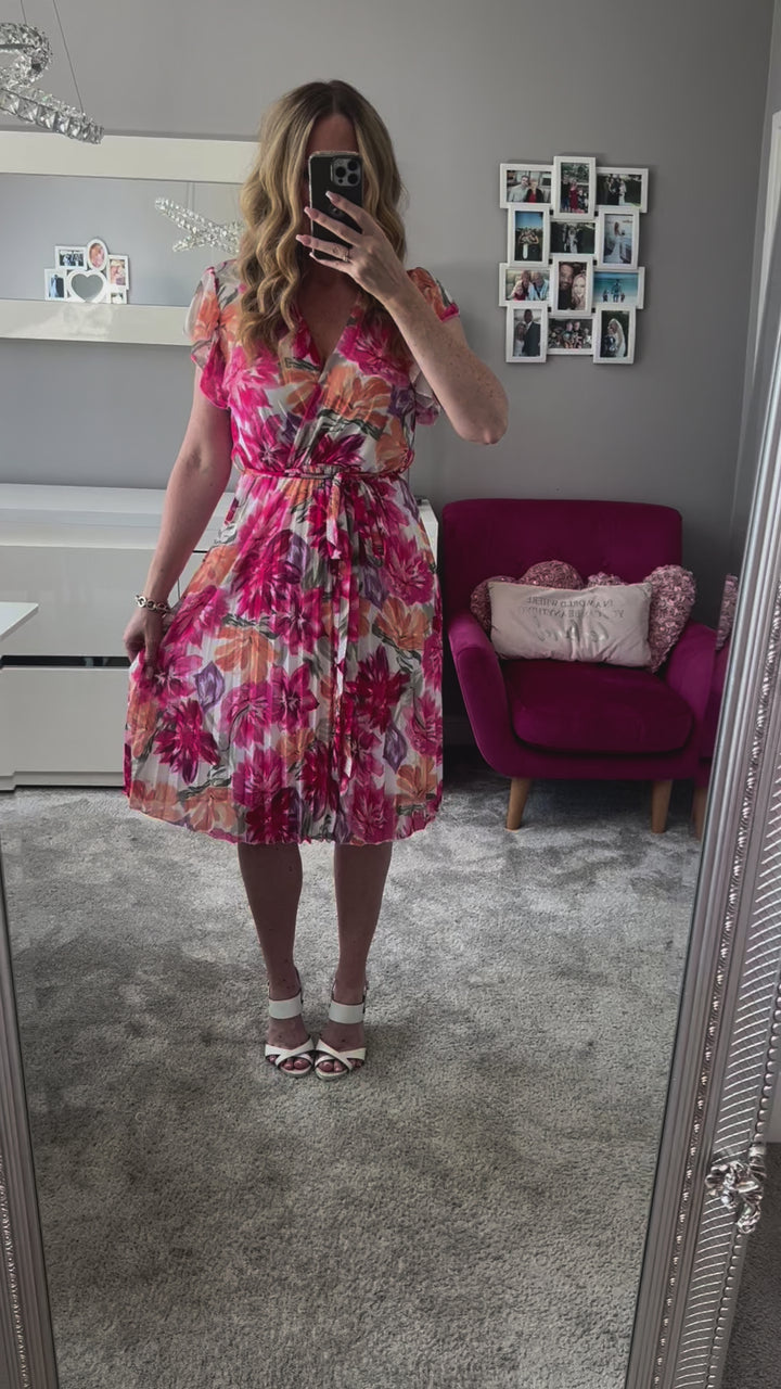 Joanie Pink Floral Short Sleeve Chiffon Pleated Midi Dress