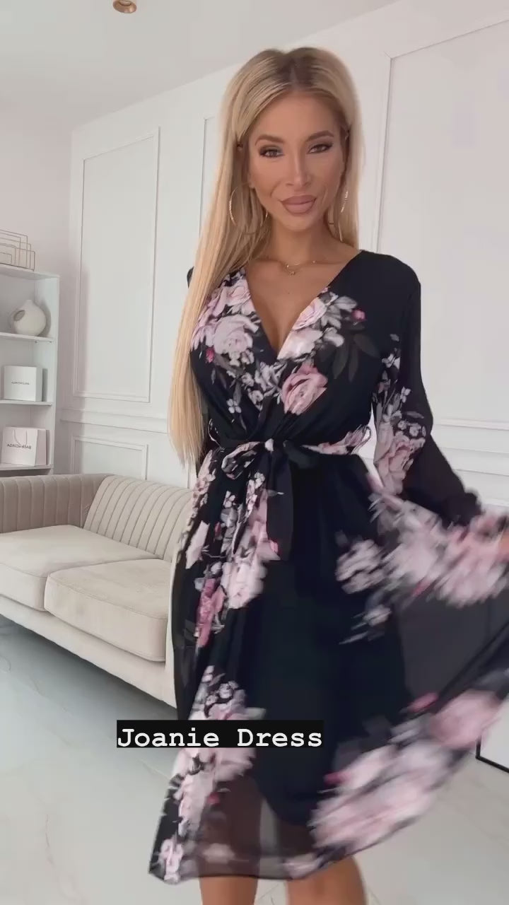 Joanie Black Floral Long Sleeve Chiffon Pleated Midi Dress