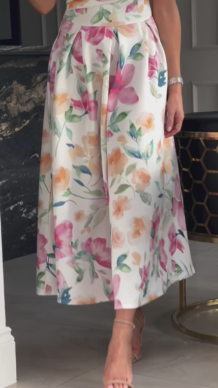 Betty Pink Floral Asymmetric Neckline Skater Midi Dress With Pockets