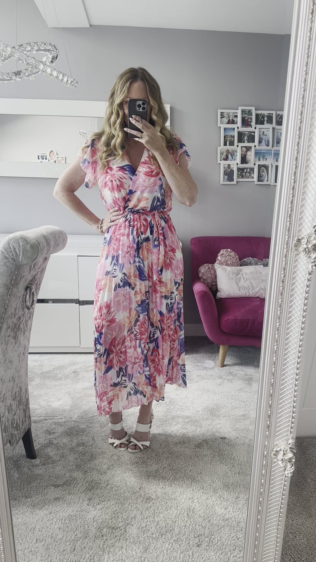 Amalfi Coast Pale Pink Floral Chiffon Short Sleeve Pleated Belted Maxi Dress