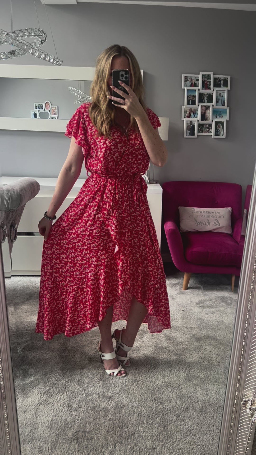 Laura Red Daisy Print Mock Wrap Belted Maxi Dress