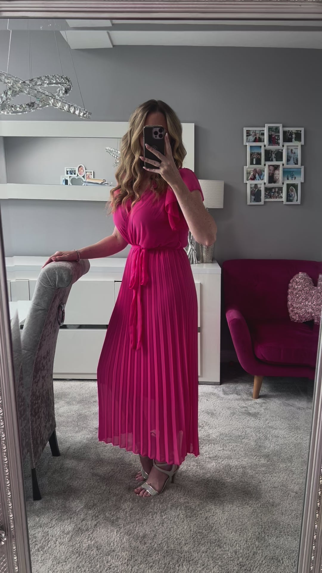 Amalfi Coast Hot Pink Chiffon Short Sleeve Pleated Belted Maxi Dress