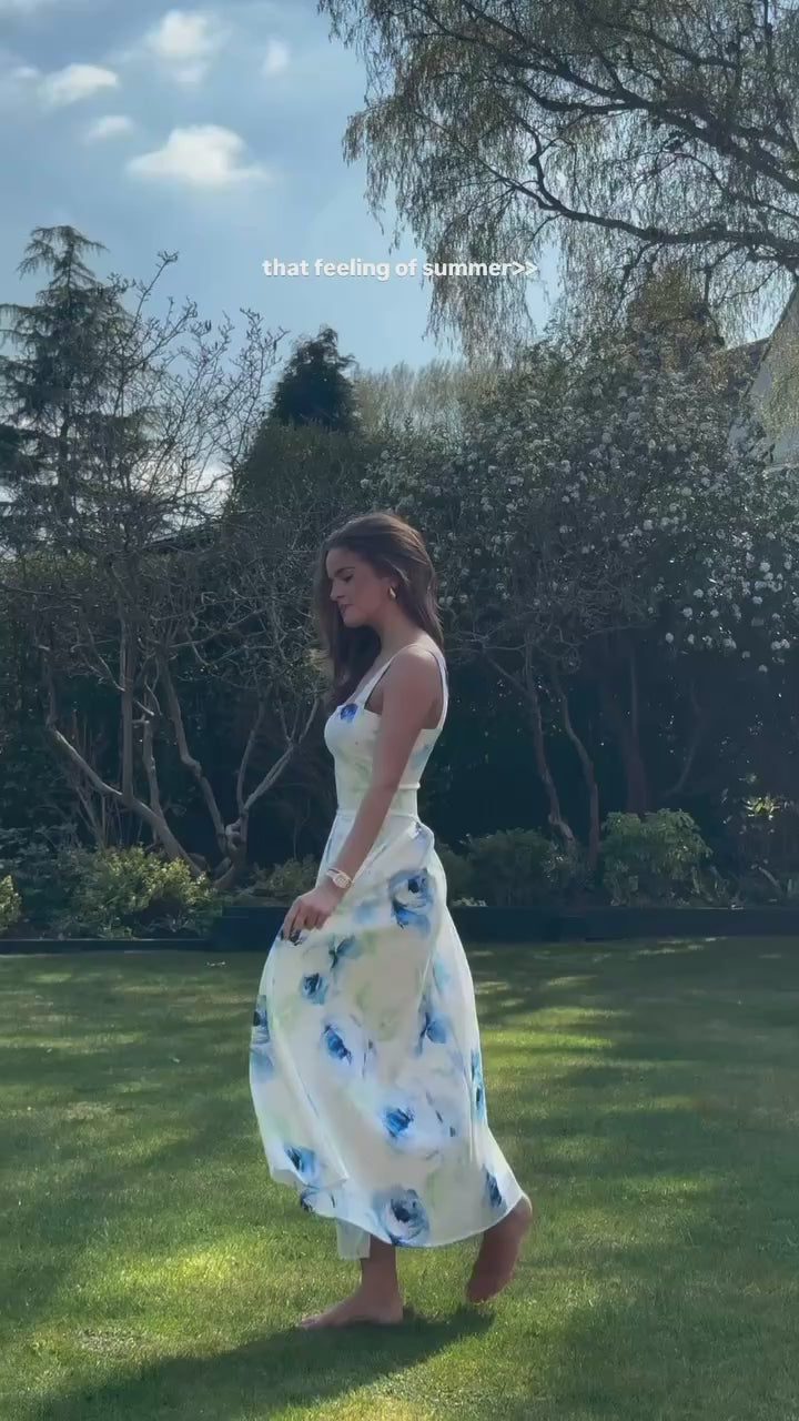 Heather Cream & Blue Floral Midi Dress With Pockets - CHECK SIZING INFO