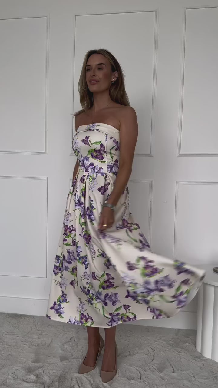 Danni Yellow Floral Strapless Bandeau Midi Dress With Pockets