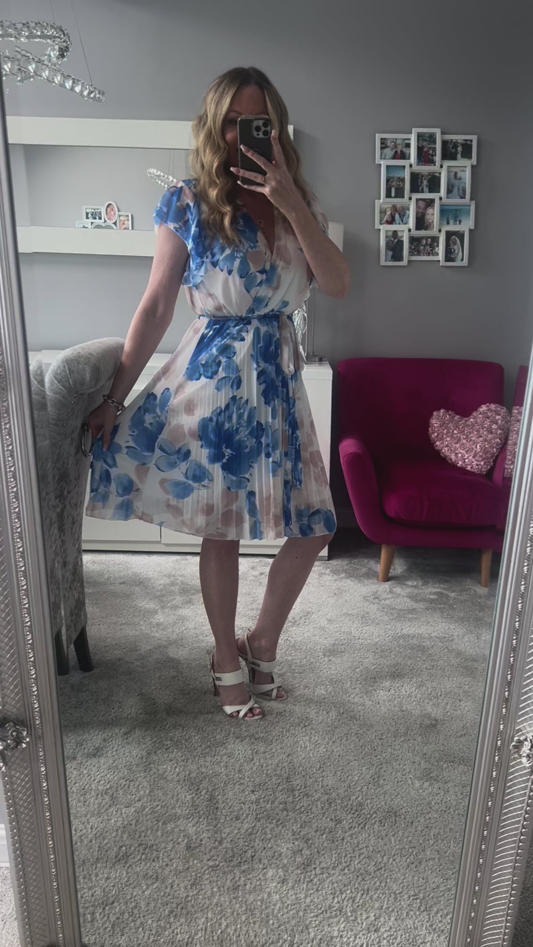 Joanie Ivory, Blue & Beige Floral Short Sleeve Chiffon Pleated Midi Dress