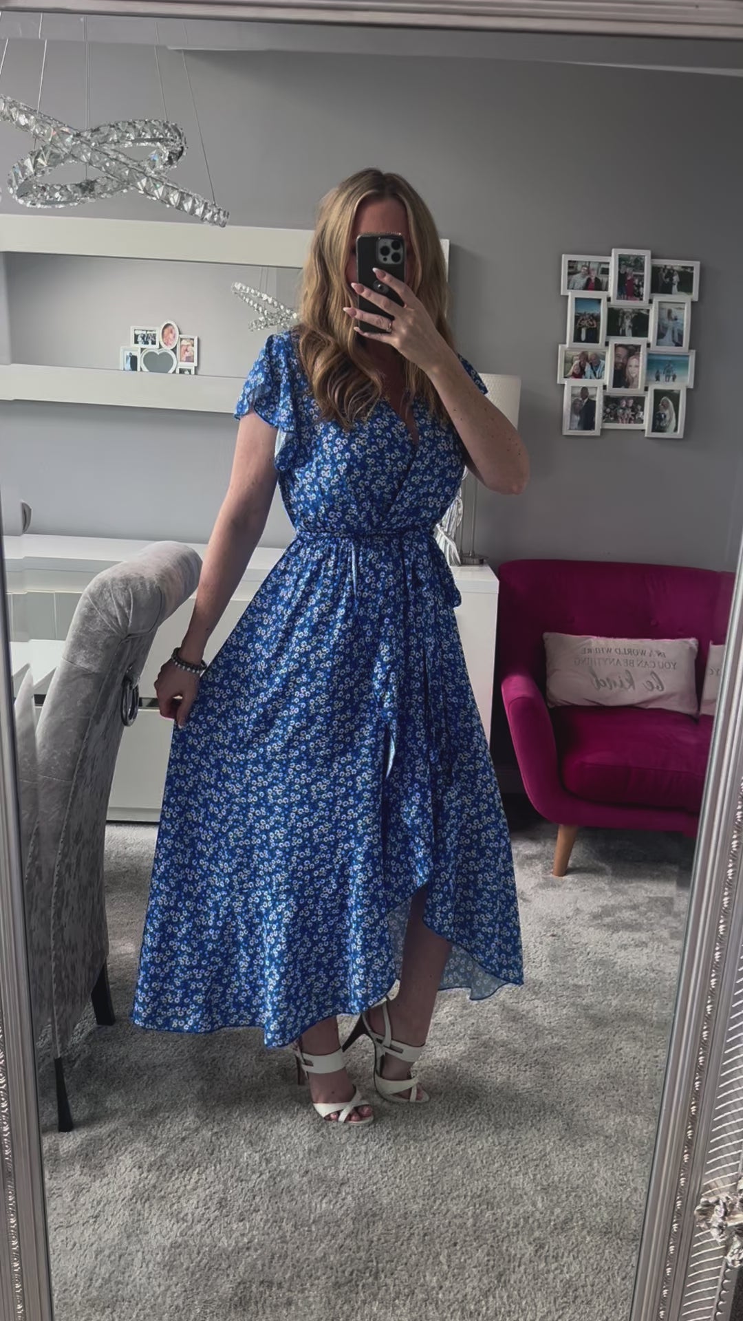 Laura Blue Daisy Print Mock Wrap Belted Maxi Dress