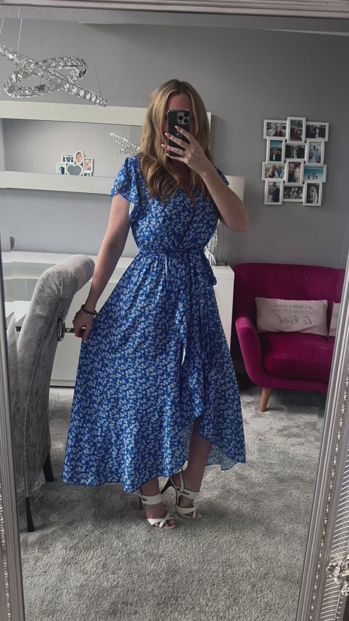 Laura Blue Daisy Print Mock Wrap Belted Maxi Dress