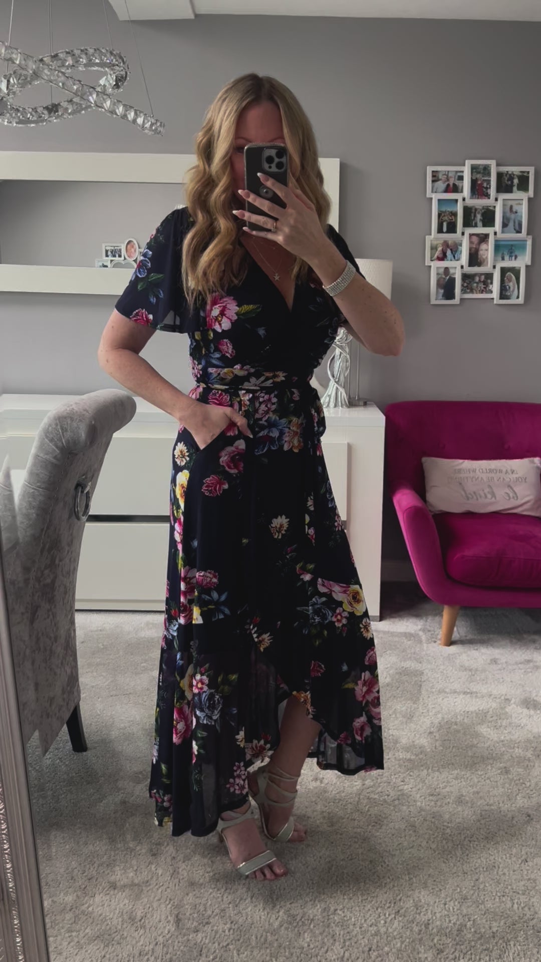 Ada Navy Floral Dip Hem Belted Short Sleeve Mesh Maxi Dress