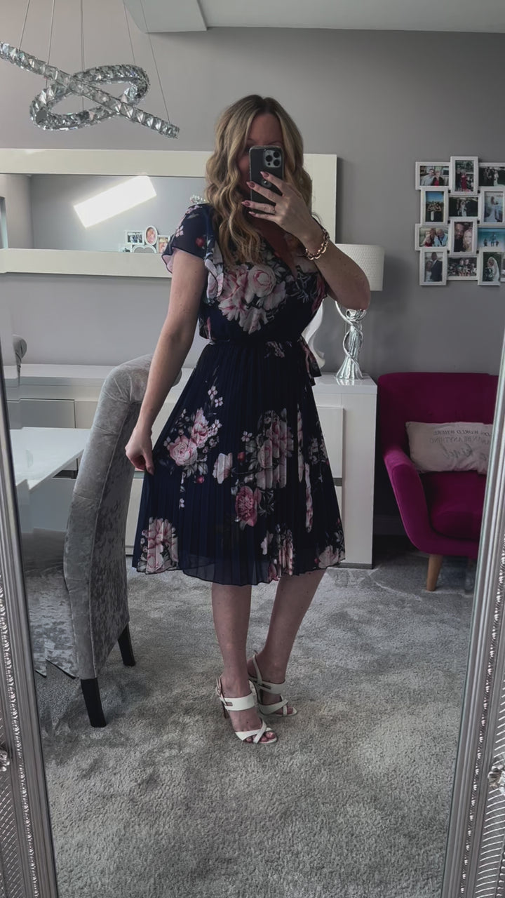 Joanie Navy Floral Short Sleeve Chiffon Pleated Midi Dress