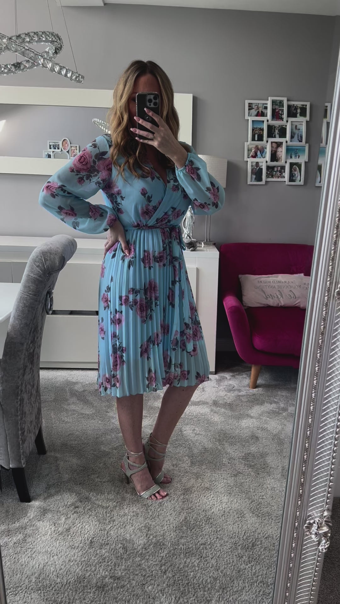 Joanie Sky Blue Floral Long Sleeve Chiffon Pleated Midi Dress
