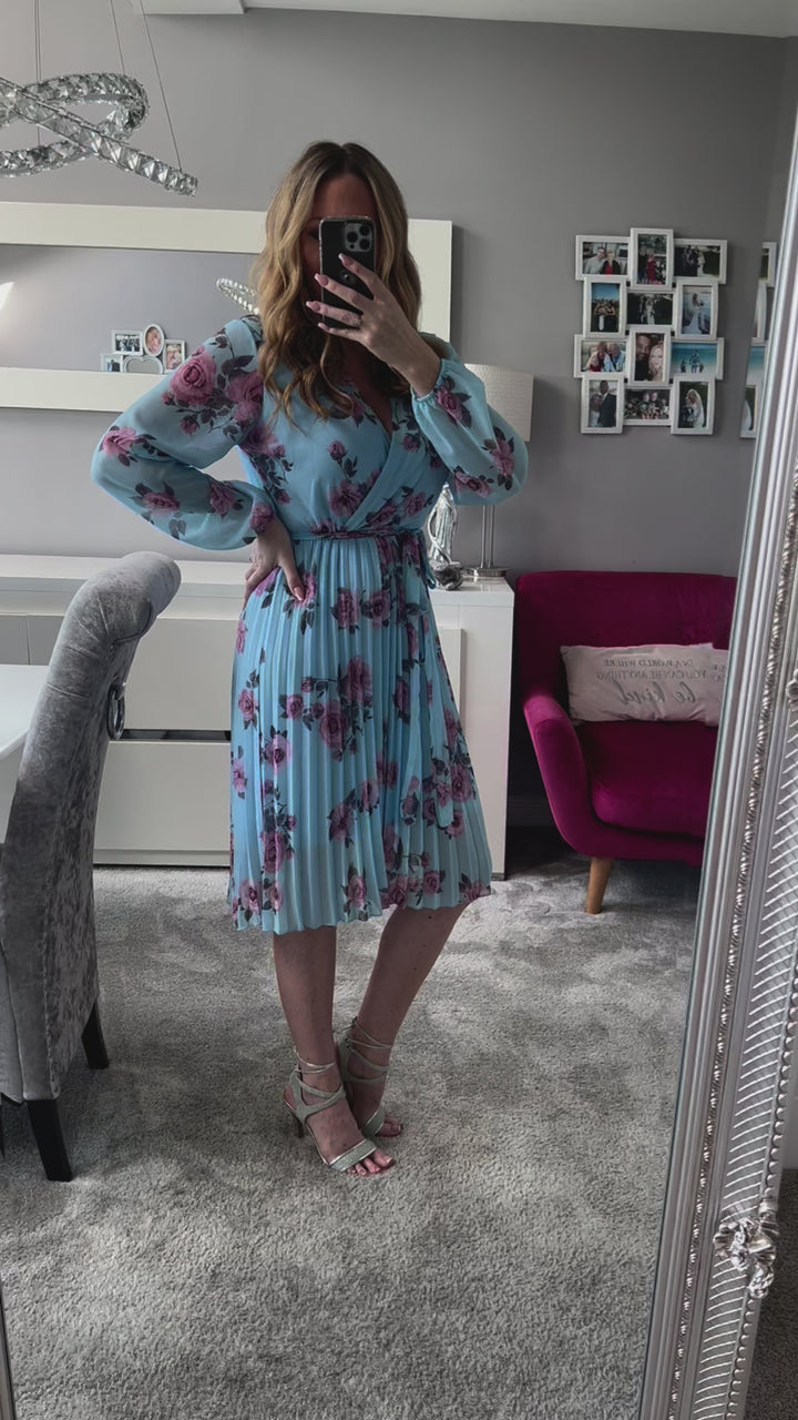 Joanie Sky Blue Floral Long Sleeve Chiffon Pleated Midi Dress