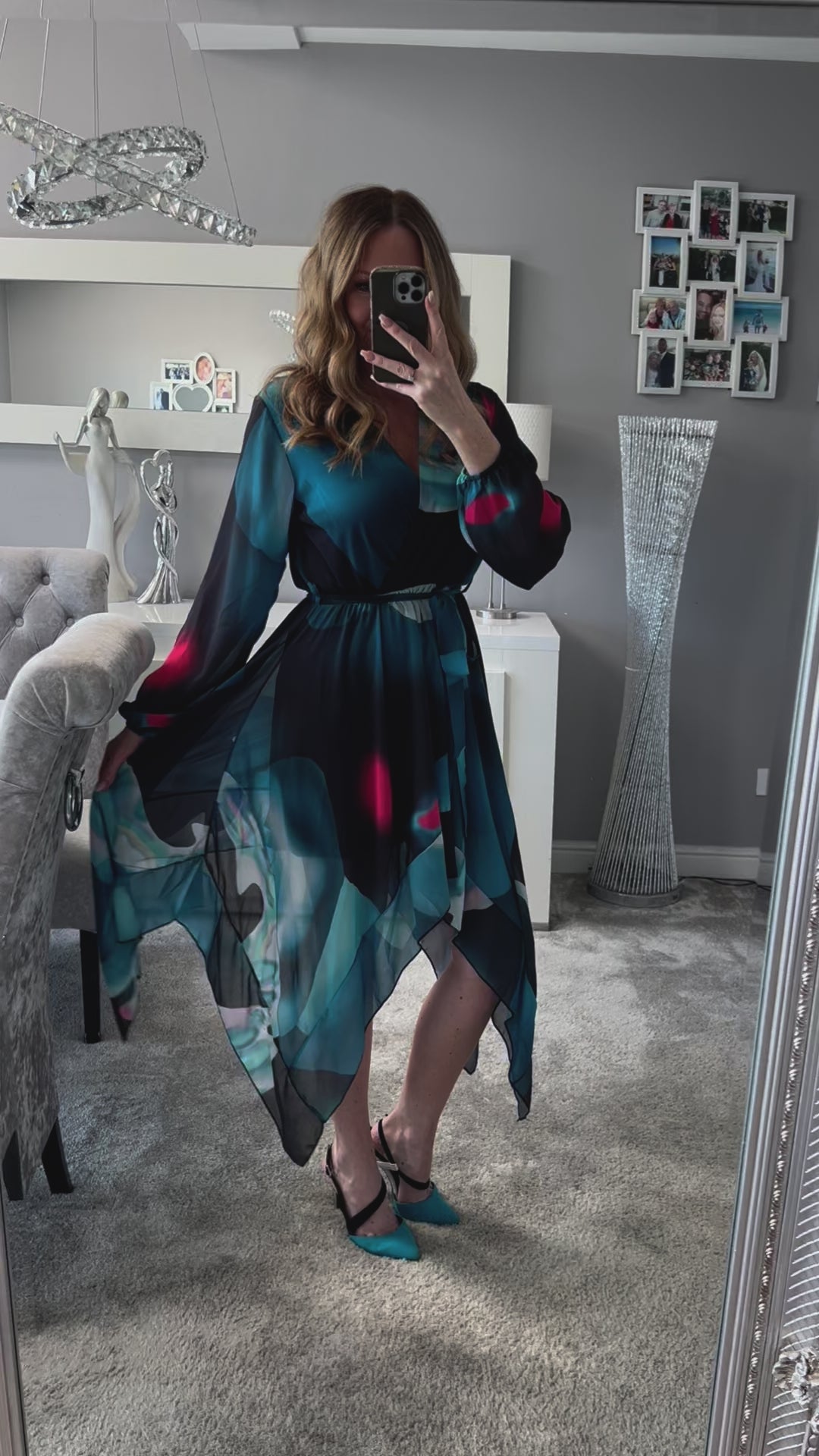 Dream Girl Green Abstract Waterfall Hem Chiffon Mini/Midi Dress