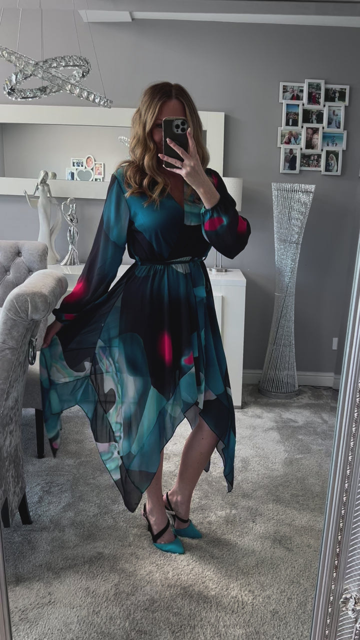Dream Girl Green Abstract Waterfall Hem Chiffon Mini/Midi Dress