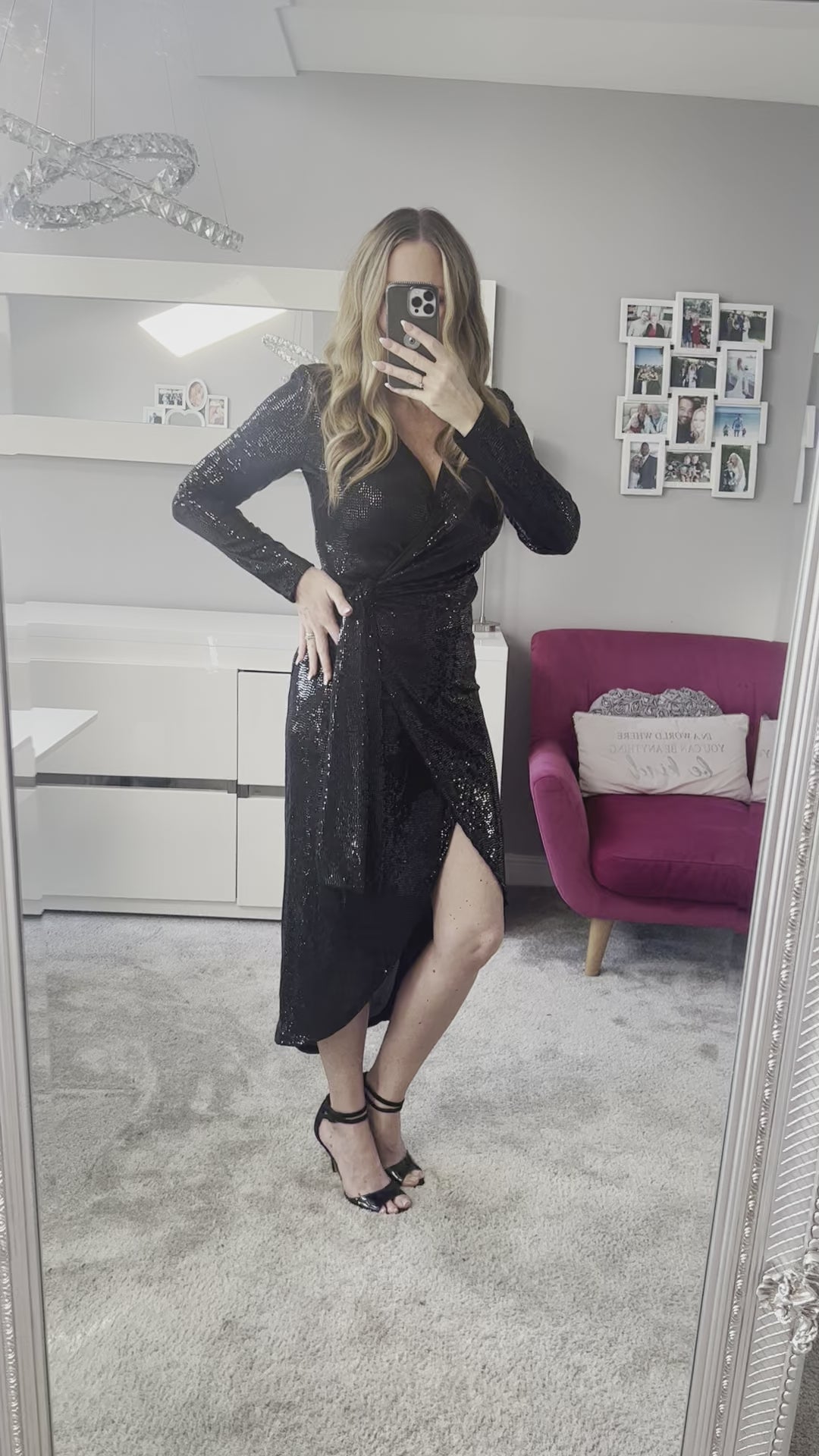 All That Glitters Black Sequin Long Sleeve Wrap Midi Dress