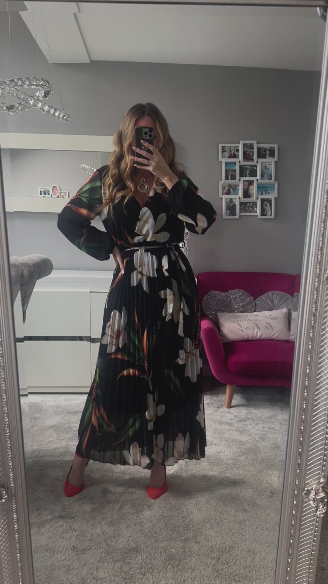 Elle Black Floral Chiffon Pleated Long Sleeve Maxi Dress