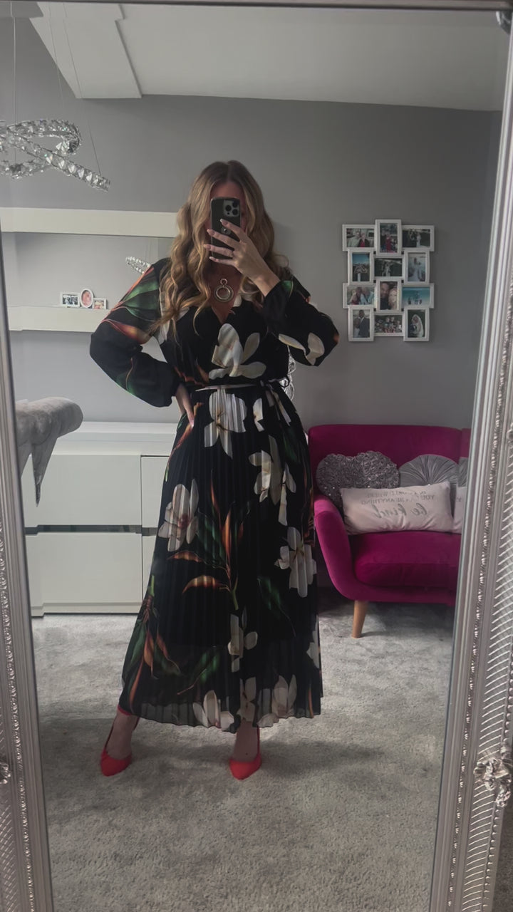 Elle Black Floral Chiffon Pleated Long Sleeve Maxi Dress
