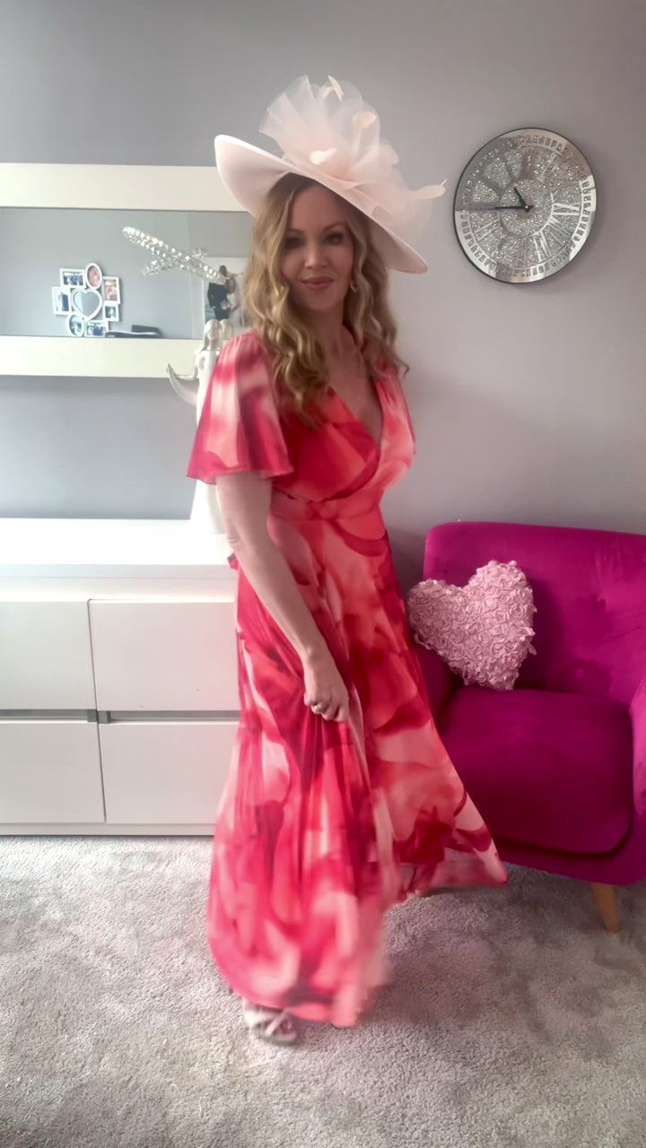 Isobel Coral Abstract Angel Sleeve Belted Mesh Maxi Dress - REGULAR LENGTH (3 LENGTHS)
