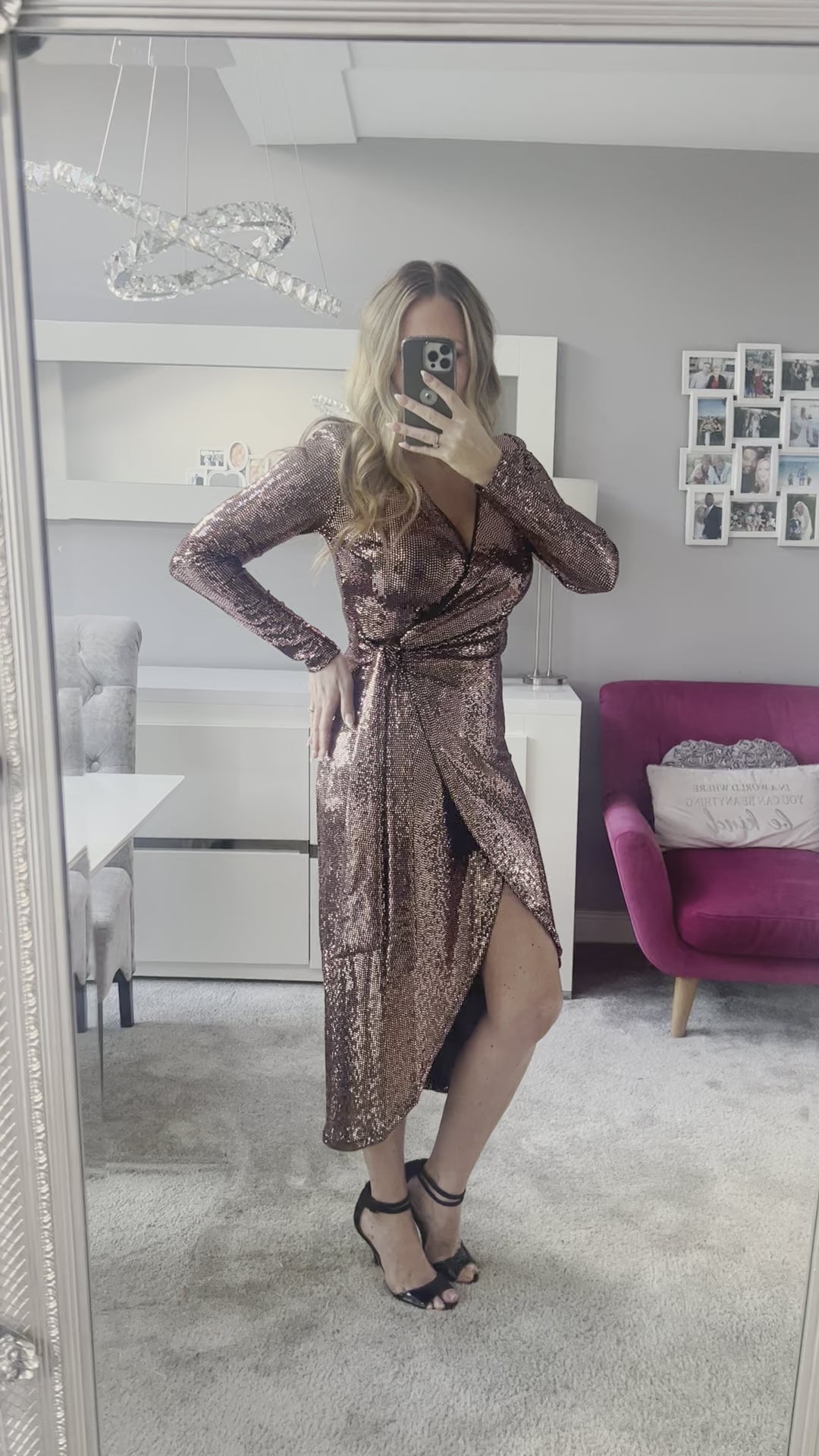 All That Glitters Rose Gold Sequin Long Sleeve Wrap Midi Dress