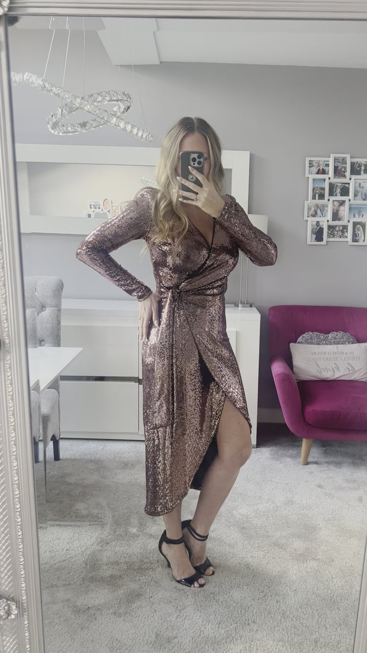 All That Glitters Rose Gold Sequin Long Sleeve Wrap Midi Dress