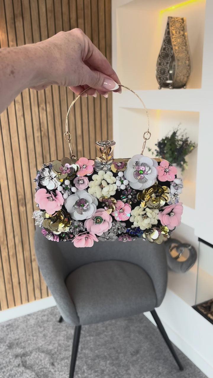 Rio Premium Black 3D Floral Embellished Clutch Box Bag