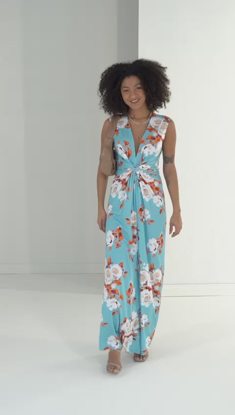 St Lucia Tall Blue Floral Sleeveless Twist Front Maxi Dress
