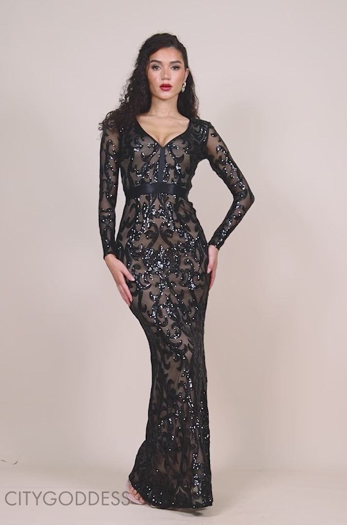 Anwen Black Sequin Long Sleeve Bodycon Maxi Dress