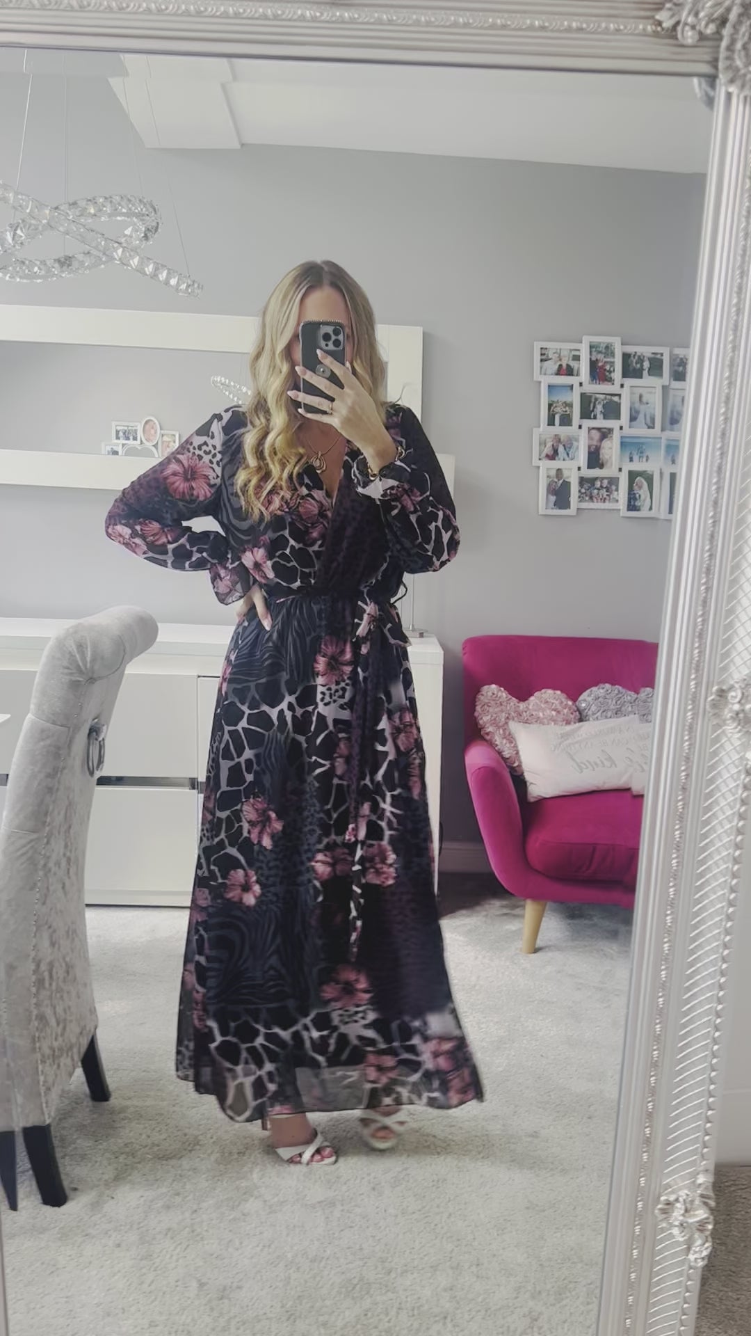 Thandie Black & Pink Animal Print Floral Chiffon Belted Long Sleeve Maxi Dress 2 LENGTHS