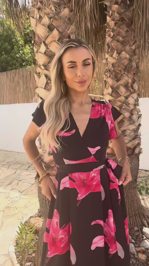 Dionne Black & Cerise Floral Short Sleeve Belted Dip Hem Midi Dress