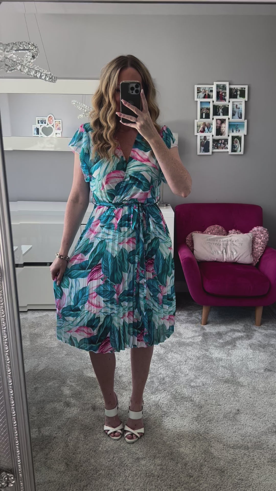 Joanie Teal Floral Short Sleeve Chiffon Pleated Midi Dress