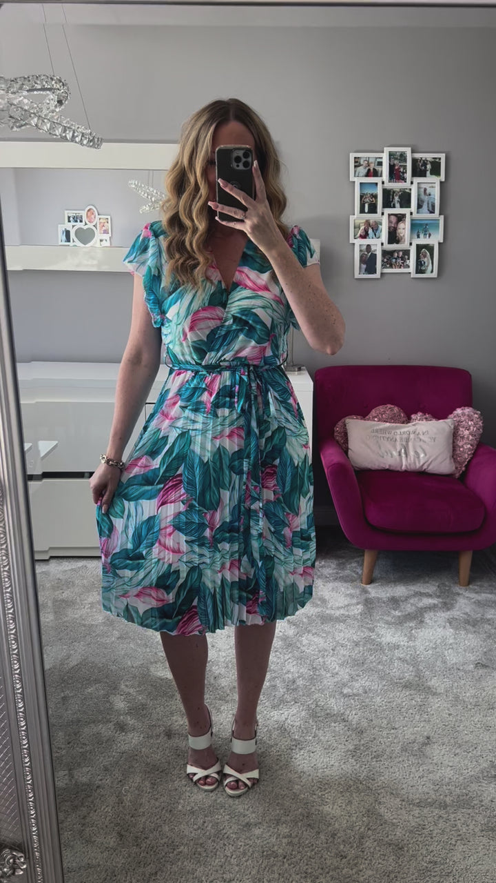 Joanie Teal Floral Short Sleeve Chiffon Pleated Midi Dress